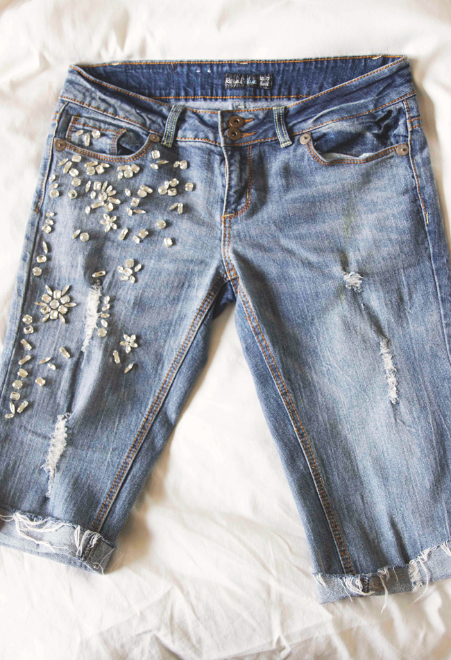 DIY Distressed Denim & Crystal Bermuda Shorts