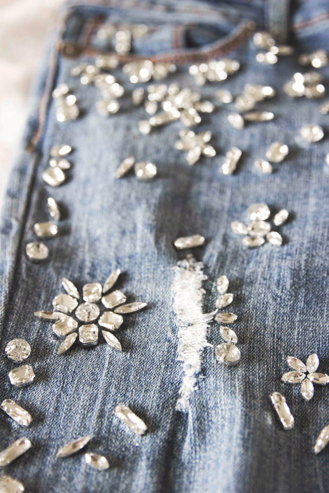 DIY Distressed Denim & Crystal Bermuda Shorts