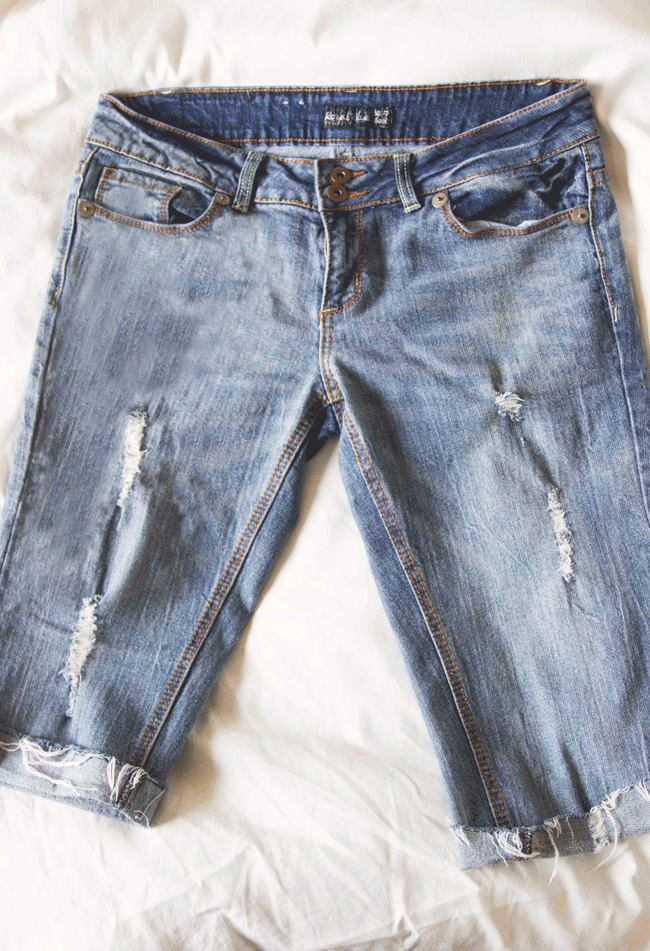 DIY Distressed Denim & Crystal Bermuda Shorts