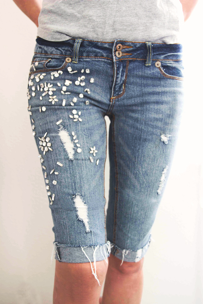DIY Distressed Denim & Crystal Bermuda Shorts