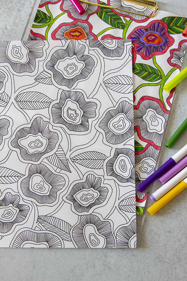 Free Adult Coloring Printable These sessions are my way of meditating. My brain melts into a creative flowy puddle. I enter a super quiet state, my mind escapes only to the colors and the lines, I am completely present.
I swear some creative happy chemicals are released in my brain too… When I’m done coloring, my energy and clarity sky-rocket. I tell ya, it’s like magic!
Try coloring for a week! Set aside 20 minutes each morning or night. I promise your brain will love it and you will notice a difference in your energy and clarity.
Free Adult Coloring Printable