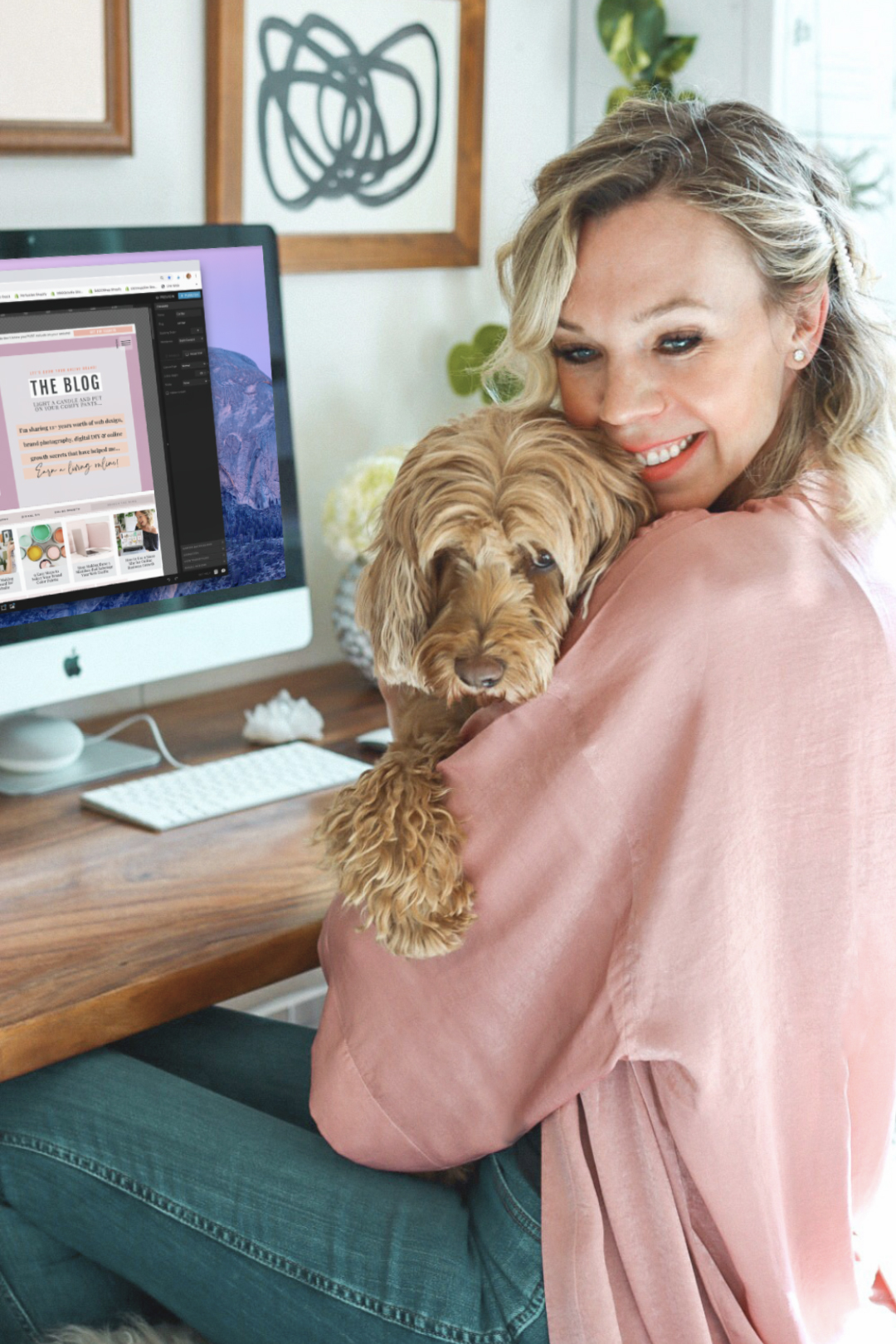 girl with dog working from home