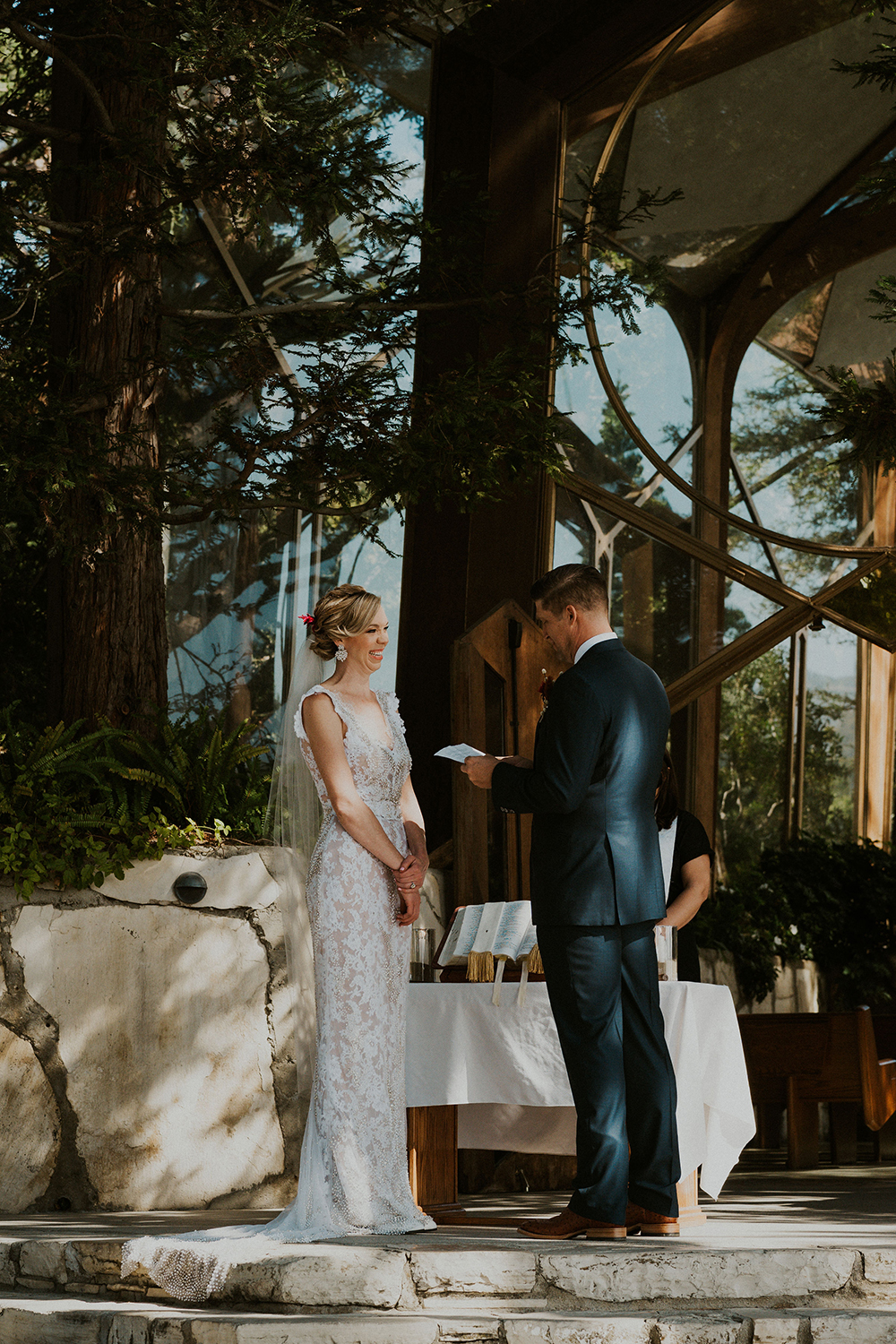 Blue Moon Dream DIY Wedding at Wayfarers Chapel in Palos Verdes, CA bride groom exchange vows wayfarers chapel