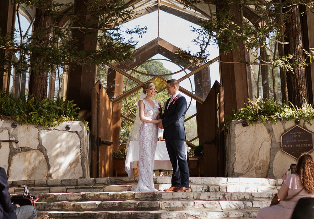 Blue Moon Dream DIY Wedding at Wayfarers Chapel in Palos Verdes, CA bride groom wayfarers chapel