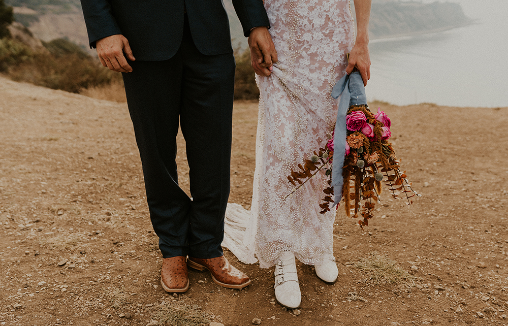 Blue Moon Dream DIY Wedding at Wayfarers Chapel in Palos Verdes, CA bride groom boots at bluff cove trail