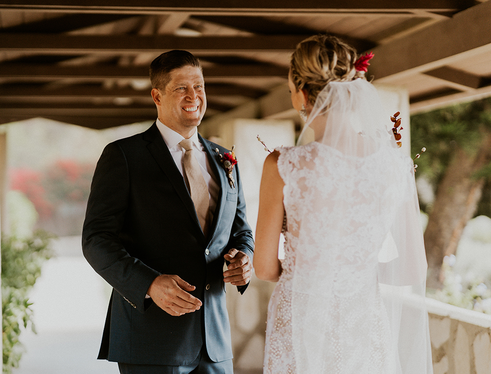 Blue Moon Dream DIY Wedding at Wayfarers Chapel in Palos Verdes, CA first look bride and groom
