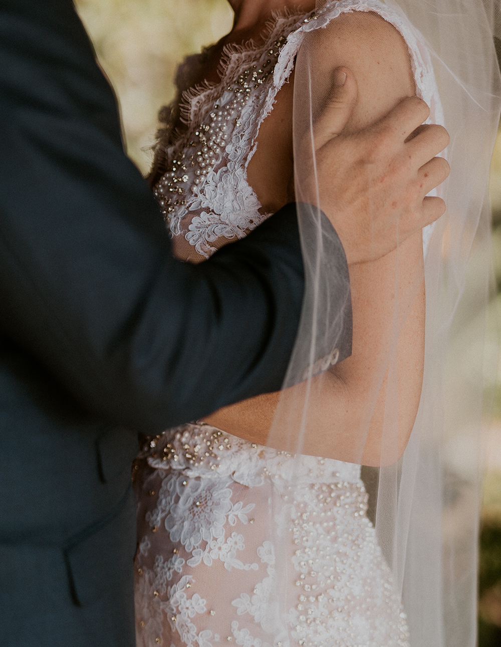 Blue Moon Dream DIY Wedding at Wayfarers Chapel in Palos Verdes, CA close up wedding dress
