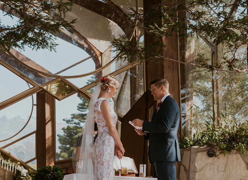 Blue Moon Dream DIY Wedding at Wayfarers Chapel in Palos Verdes, CA bride groom wayfarers chapel