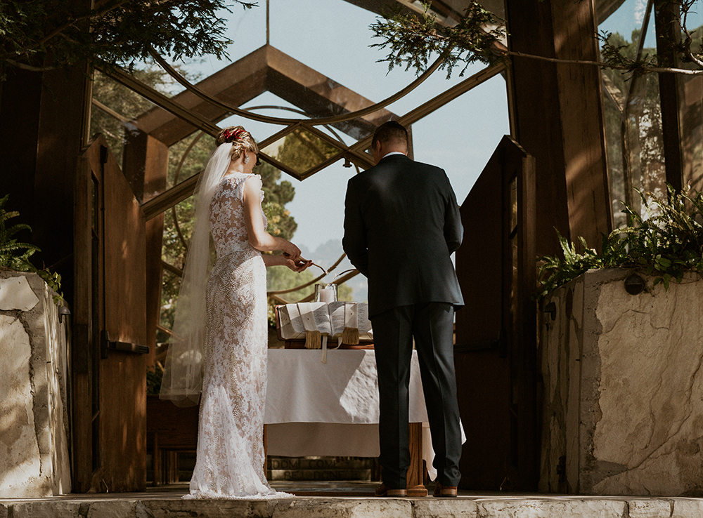 Blue Moon Dream DIY Wedding at Wayfarers Chapel in Palos Verdes, CA bride groom wayfarers chapel