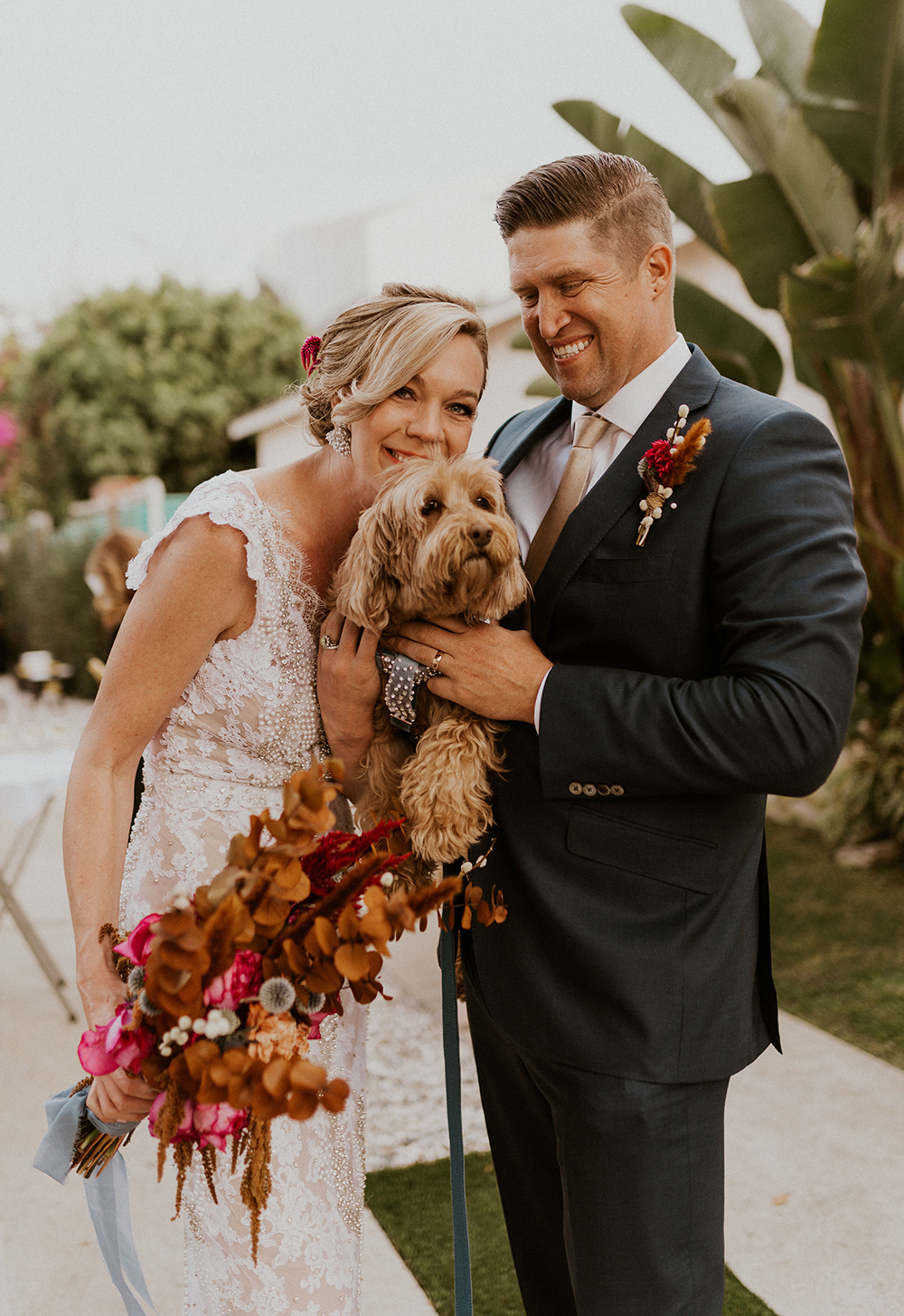 Blue Moon Dream DIY Wedding at Wayfarers Chapel in Palos Verdes, CA bride groom and labradoodle