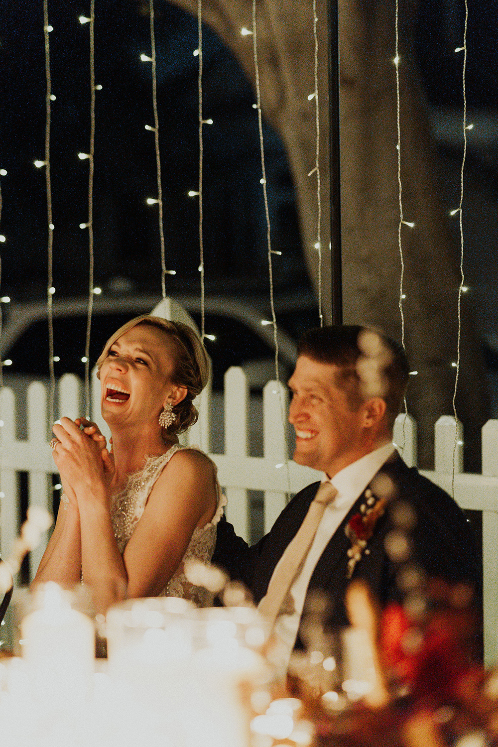Blue Moon Dream DIY Wedding at Wayfarers Chapel in Palos Verdes, CA bride and groom laughing wedding reception