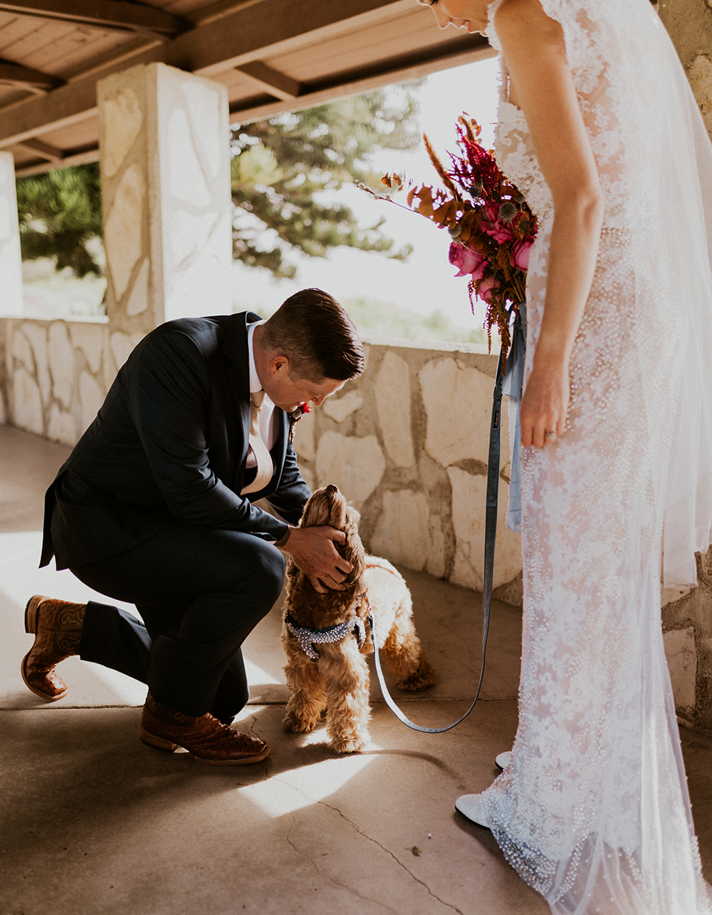 Blue Moon Dream DIY Wedding at Wayfarers Chapel in Palos Verdes, CA first look bride and groom and dog