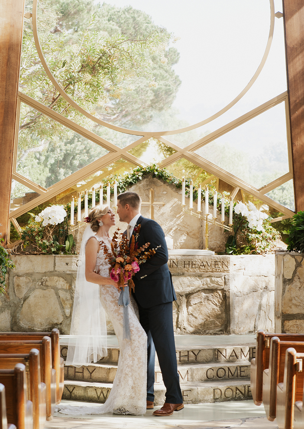 Blue Moon Dream DIY Wedding at Wayfarers Chapel in Palos Verdes, CA bride and groom dip at alter