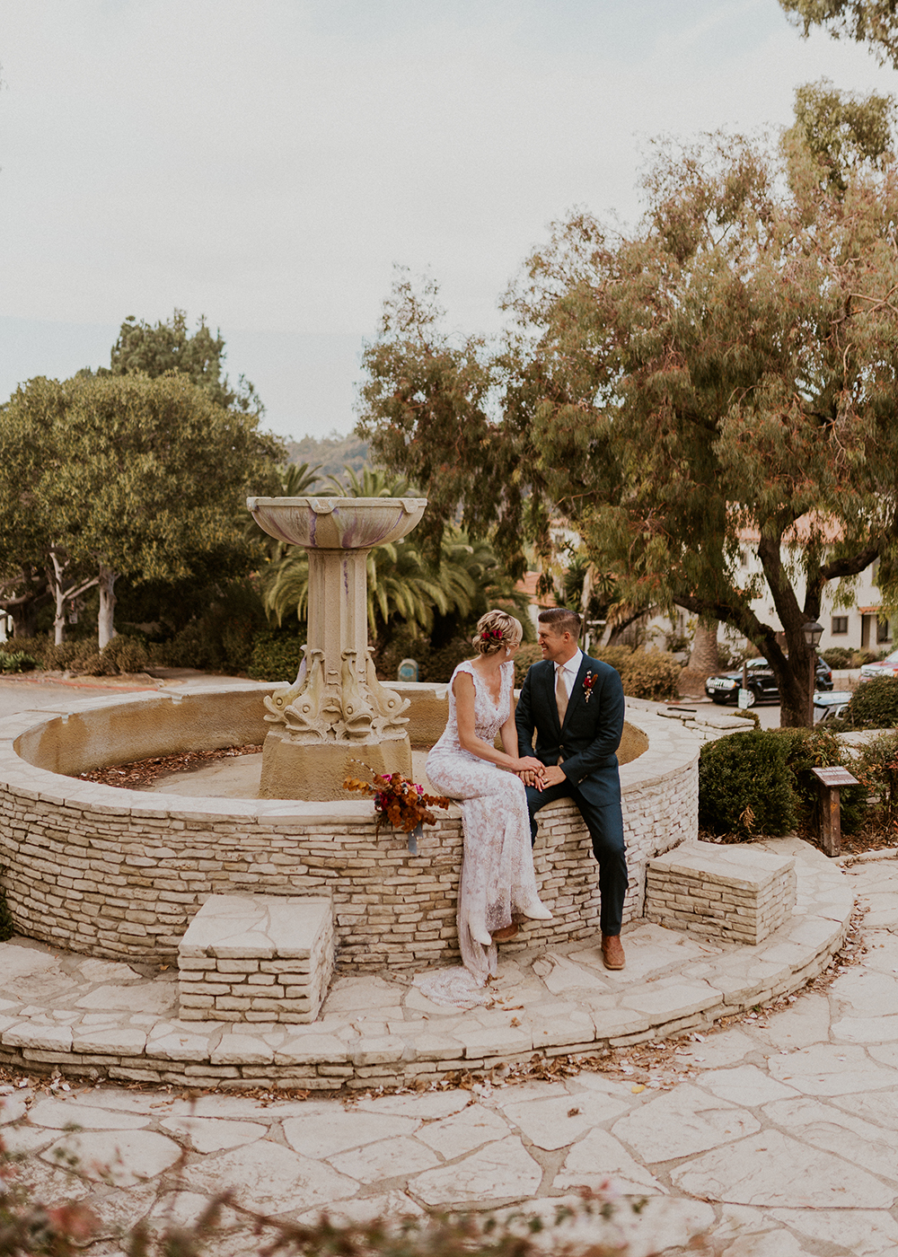 Blue Moon Dream DIY Wedding at Wayfarers Chapel in Palos Verdes, CA bride groom malaga cove fountain