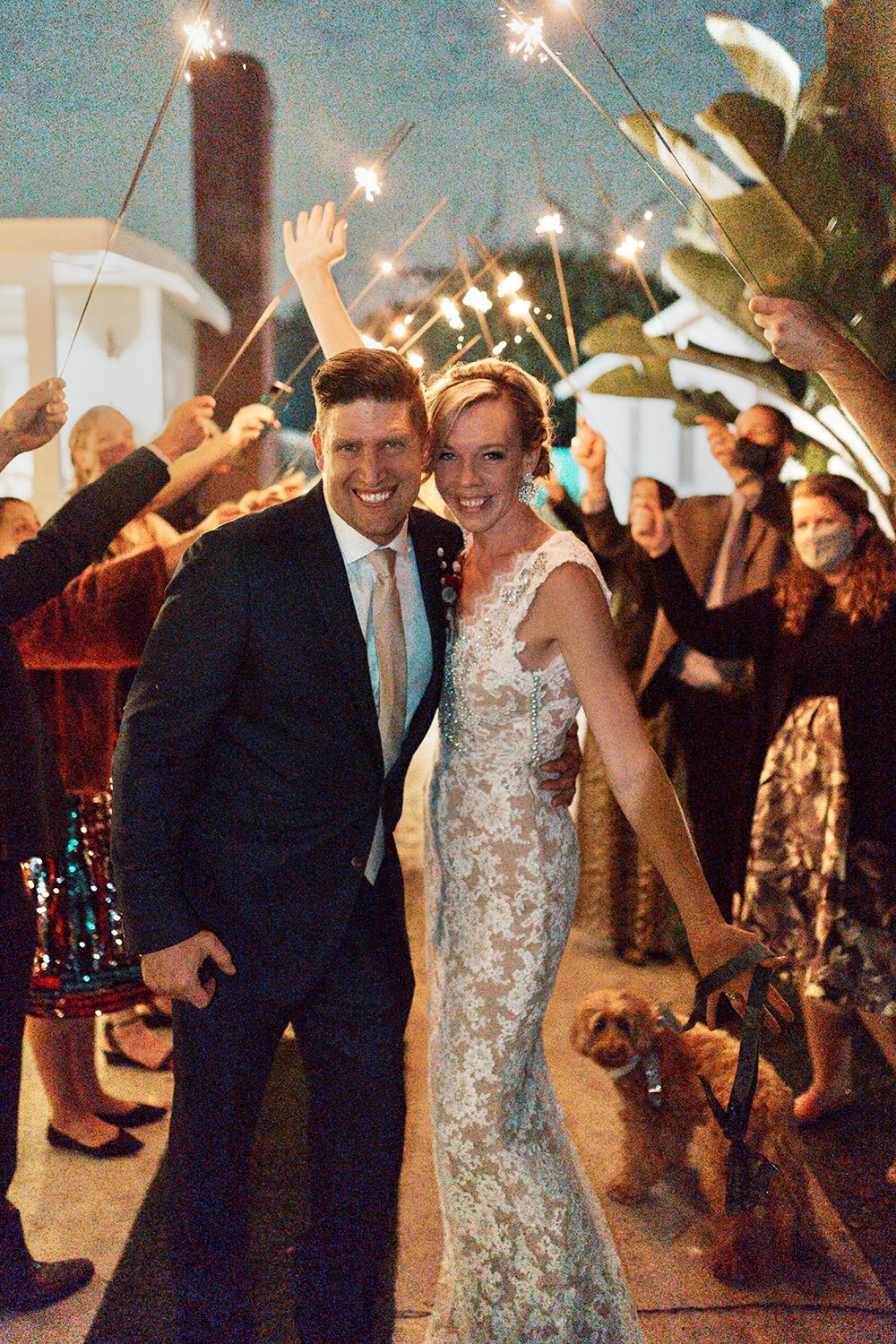 Blue Moon Dream DIY Wedding at Wayfarers Chapel in Palos Verdes, CA bride and groom sparkler send off