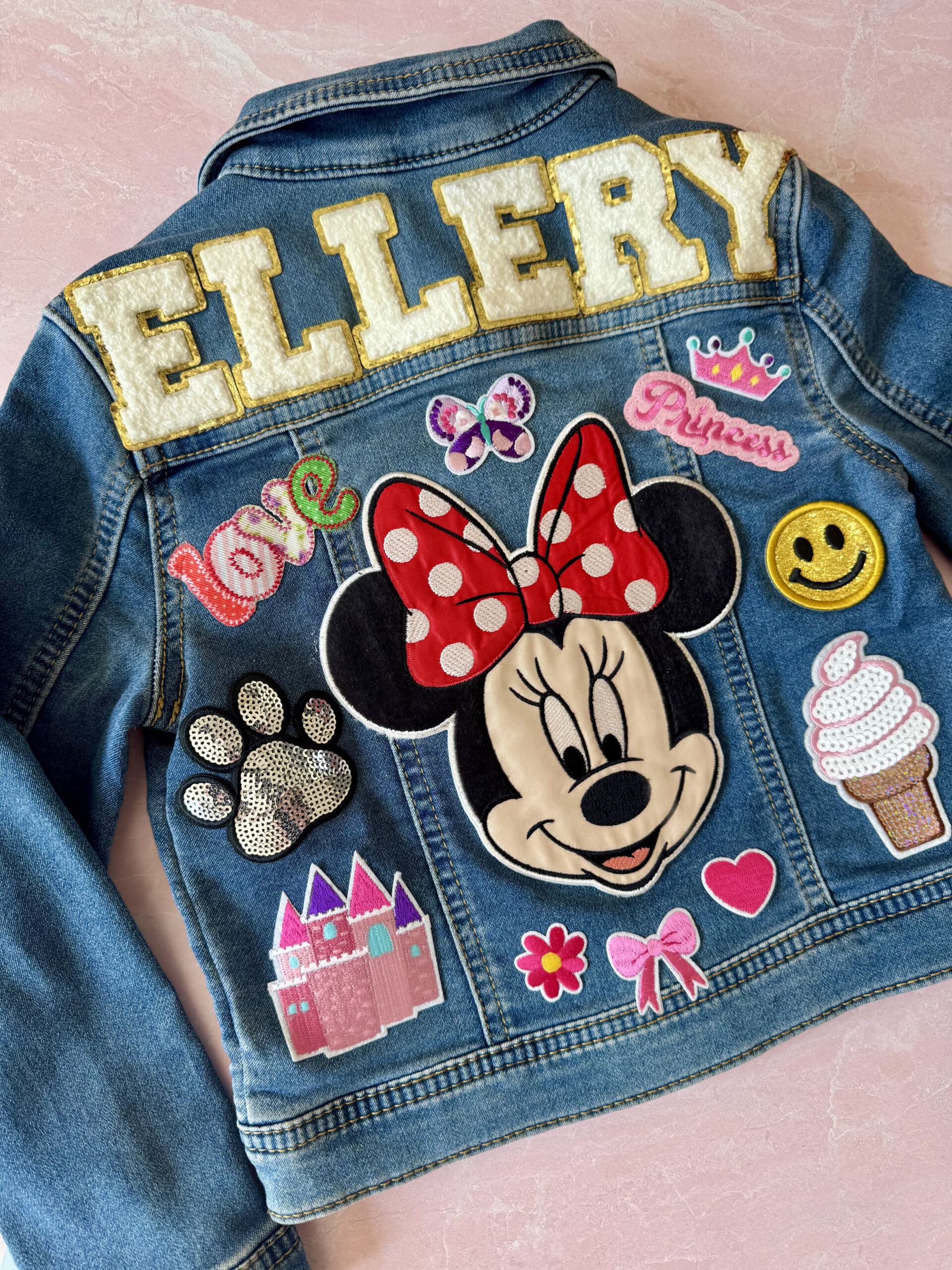 Custom jean jacket with iron on patches