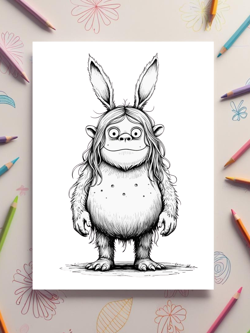 monster with bunny ears and long hair coloring pages